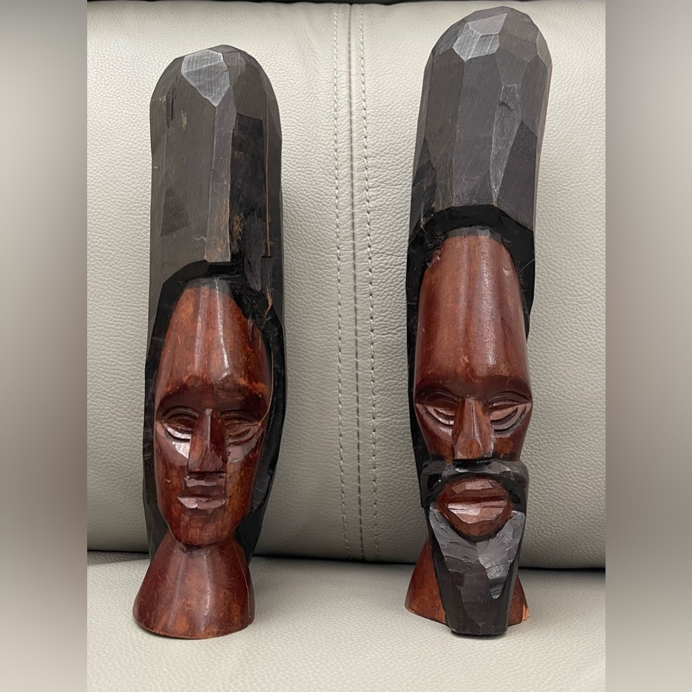 VTG Hand-Carved African Folk Art Wooden Bust Sculpture Pair, Man & Woman